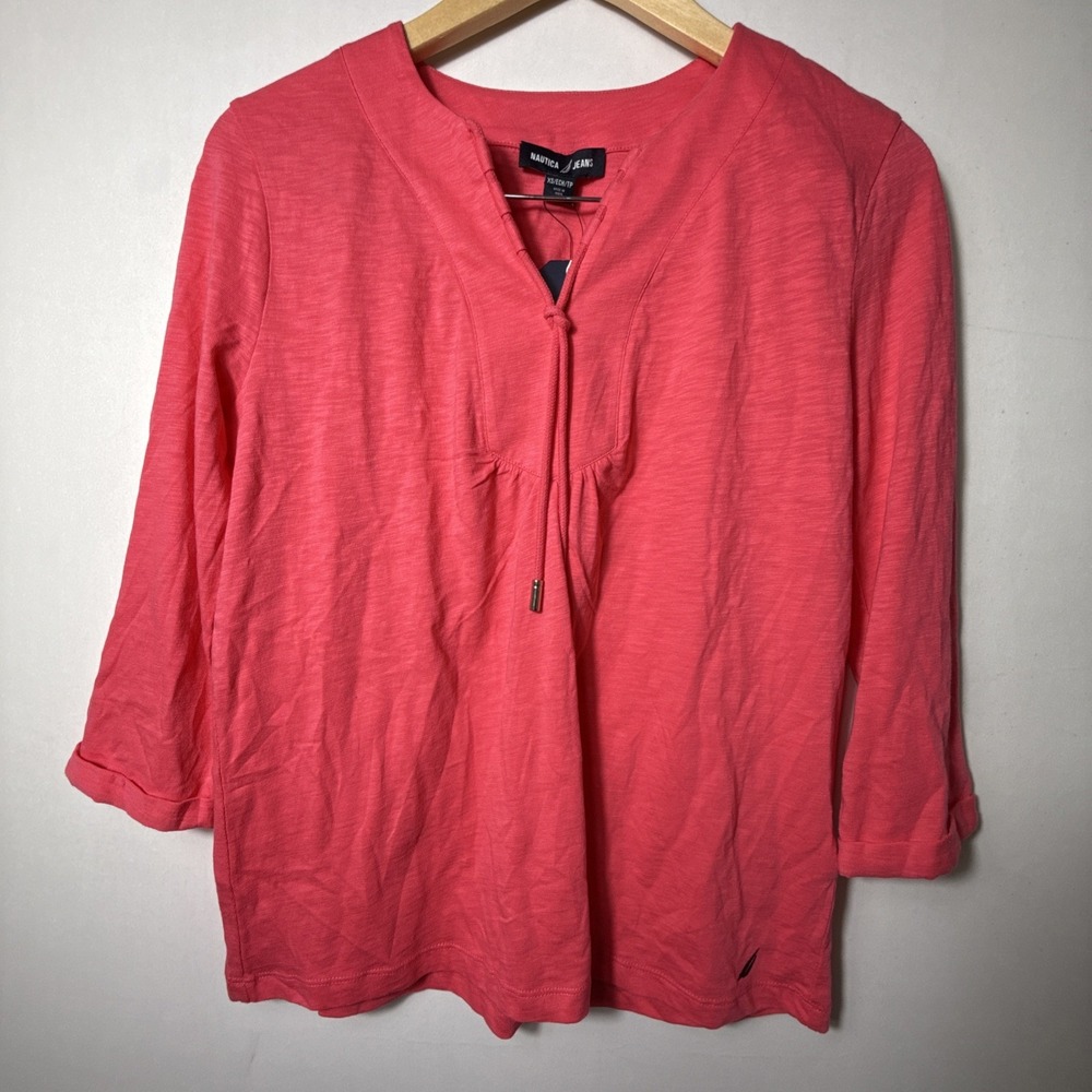 Nautica Jeans Myrtle Beach Pink V Neck 3/4 Sleeve Drawstring Womens Top XS VNeck